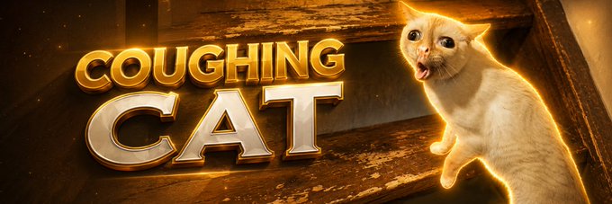 The banner displays the text "COUGHING CAT" in large gold and silver lettering against a dark background, alongside an orange tabby cat with its mouth open as if coughing, fittingly illustrating the Solana token ticker $COUGH on Moby.