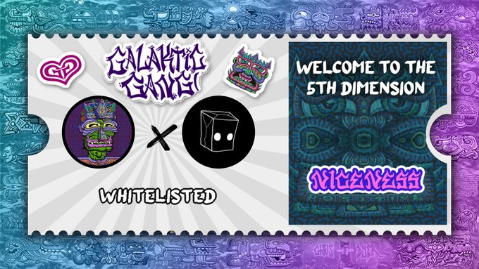 A promotional banner ticket design reading 'WELCOME TO THE 5TH DIMENSION' featuring 'GALACTIC GAMES' branding, a colorful Aztec-style mask NFT character, and 'WHITELISTED' text on a vibrant teal and purple Aztec-patterned background.