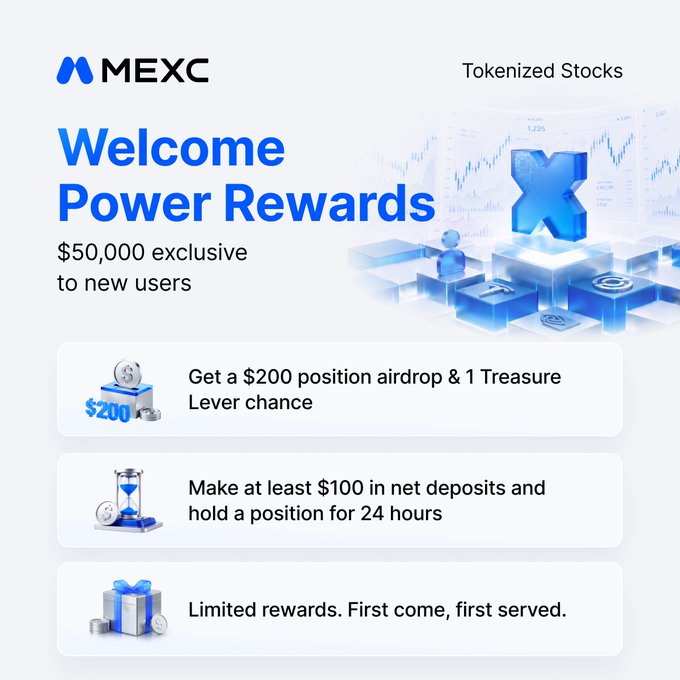 MEXC promotional graphic for its xStocks Gala, advertising a $50,000 "Welcome Power Rewards" pool exclusive to new users, with perks including a $200 position airdrop and one Treasure Lever chance for those making at least $100 in net deposits held for 24 hours, on a limited first-come, first-served basis.