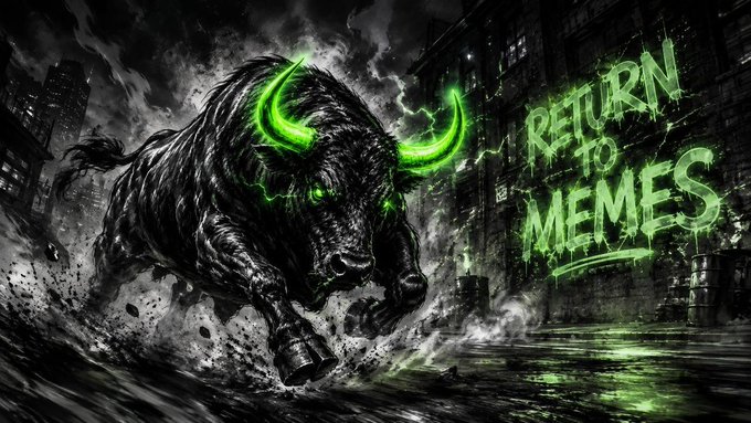 A dark fantasy illustration of a glowing green-horned bull charging through a city street with the text 'RETURN TO MEMES' displayed in green graffiti-style lettering.