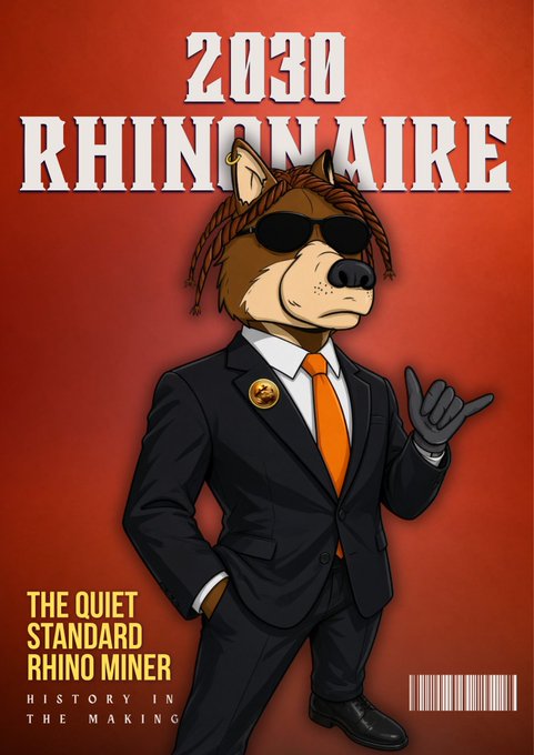 A poster-style image titled '2030 RHINONAIRE' featuring a cartoon rhinoceros character in a black suit with an orange tie and sunglasses, accompanied by the text 'THE QUIET STANDARD RHINO MINER' and 'HISTORY IN THE MAKING'.
