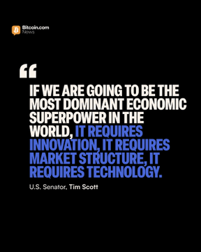 A Bitcoin.com News social media graphic displays a quote graphic featuring a statement attributed to U.S. Senator Tim Scott, reading: "If we are going to be the most dominant economic superpower in the world, it requires innovation, it requires market structure, it requires technology." The image promotes his comments ahead of the Senate's September 15 vote on the CLARITY Act, a crypto market structure legislation bill.