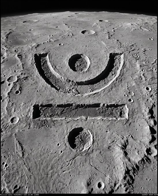 A black-and-white lunar-surface image shows a large crescent-shaped crater or landform with two circular craters, overlaid with Mission-themed markings.