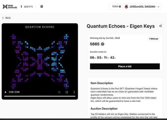 A webpage for an auction titled 'Quantum Echoes - Eigen Keys' on gup.network, showing a pixelated butterfly NFT, a winning bid of 5665 by 0xcfd3...f6d9, a countdown of 6 days 3 hours 11 minutes, and a description explaining it is the first QFT with verifiable quantum randomness.