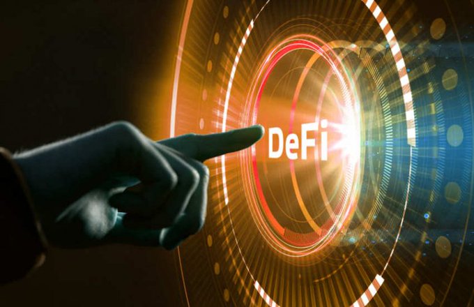 The image shows a hand pointing at a computer screen displaying the word "DEFI" in red letters, surrounded by orange circles. The background of the image is dark gray, which contrasts with the bright colors of the text and the hand's position on the screen. The caption below the image reads, "Before DeFi, most financial services required permission. A bank account. A credit check. An approval process." This suggests that before the concept of DeFi emerged, traditional financial services were limited to a select few who had access to banks or other financial institutions. However, with the introduction of blockchain technology and cryptocurrencies like Ethereum, DeFi aims to provide financial services to anyone with an internet connection, bypassing the need for centralized authorities and traditional gatekeepers.