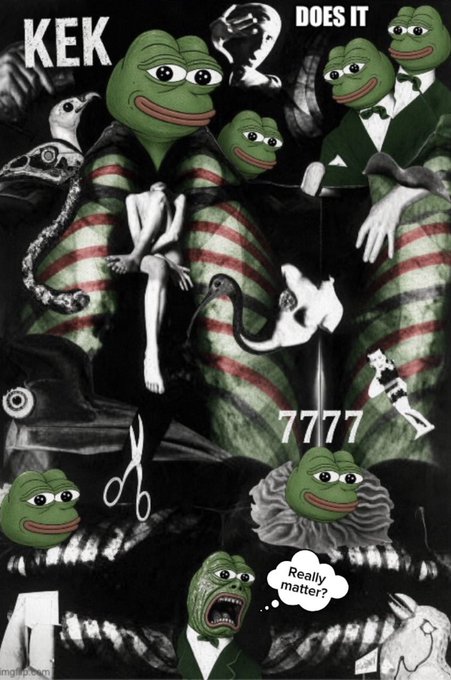 A surreal dark collage meme featuring multiple Pepe the Frog faces with the text 'KEK', 'DOES IT', '7777', and a thought bubble asking 'Really matter?'.