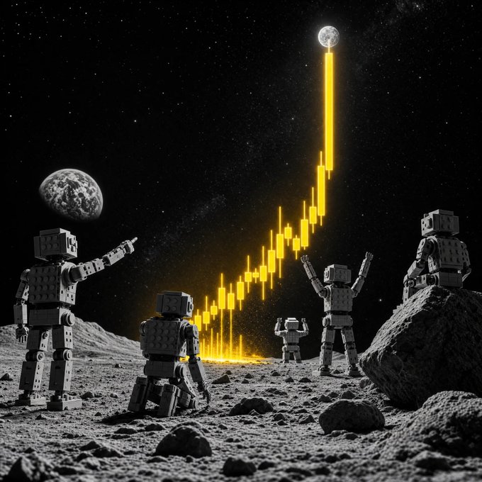 A group of blocky robot figures on a lunar landscape gaze up at a glowing yellow candlestick chart that shoots toward the moon, symbolizing a cryptocurrency's dramatic "to the moon" rally. The vivid chart rising against the starry black sky visually represents the post's question about which coin will achieve a massive price surge.