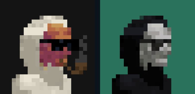 Two pixel art portraits side by side, one showing a white-hooded figure with orange and red details on a black background, and the other showing a dark figure with a skull-like face on a green background.