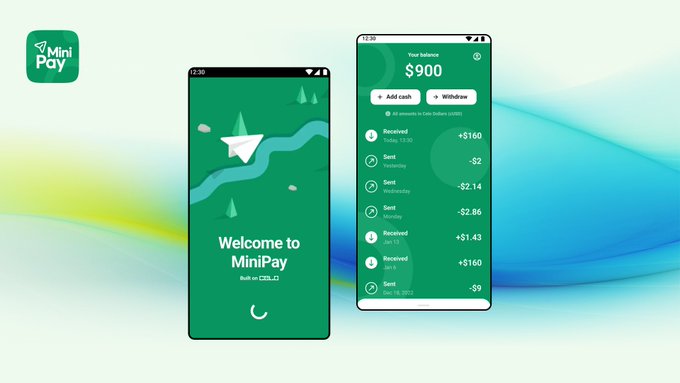 Two smartphone screens display the MiniPay app interface, one showing 'Welcome to MiniPay' and the other showing an account balance of '$900' with transaction history on a green background.