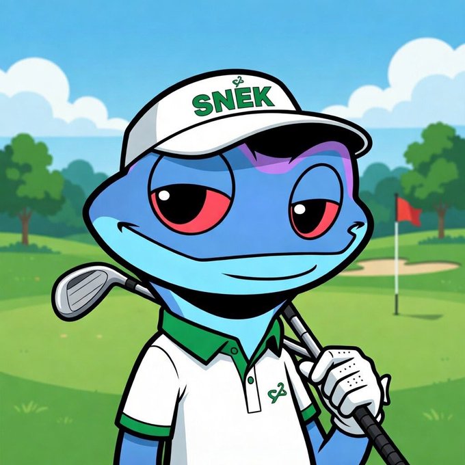 A cartoon illustration of a blue frog character wearing a white and green visor with 'SNEK' written on it and a matching golf shirt, holding a golf club on a course.