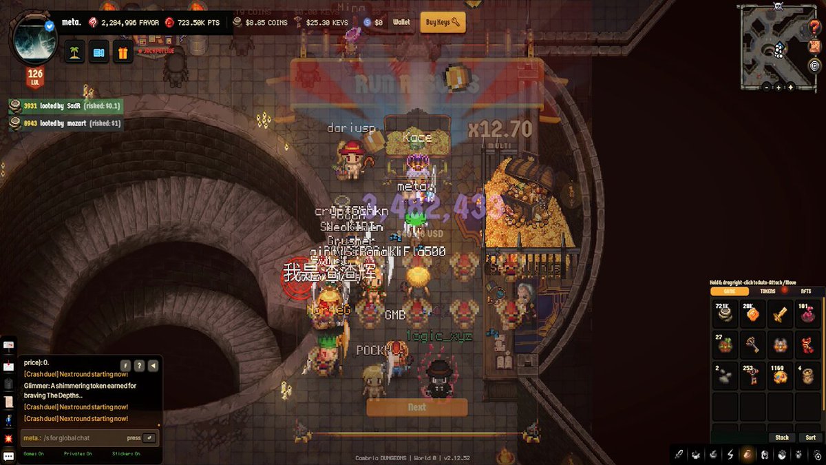 The image shows a video game screen with various characters, including a character named Jackpot. The game appears to be set in a castle or a maze-like structure, possibly a dungeon. There are multiple players visible in the scene, indicating that this is an online multiplayer game. A player has just completed clearing a difficult level and is now ready for more challenges. The post suggests that there might be a new patch available soon, which could potentially include new content or improved gameplay mechanics.