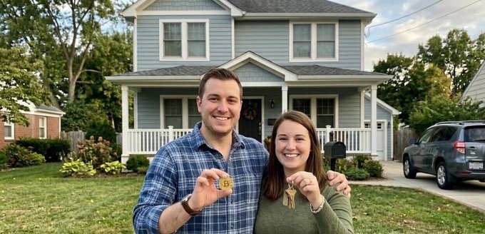A smiling couple stands in front of their new home holding up a Bitcoin keychain and keys, celebrating their milestone purchase made possible by using their BTC as mortgage collateral—a historic first approved in Michigan through Fannie Mae.
