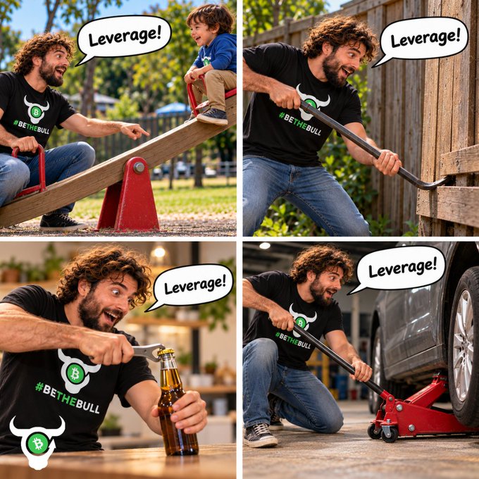 A four-panel comic of a bearded man in a '#BETHEBULL' shirt yelling 'Leverage!' while demonstrating the concept with a seesaw, fence gate, bottle opener, and car jack.