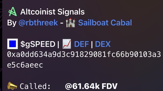 The image shows a close-up view of an alert with a purple background. On the left side, there are some text elements such as "Altcoinist signals" and "@rthreek". The main focus of the alert is a graphic displaying symbols related to sailing boats and coins. This design emphasizes the presence of sailboats and possibly coins in the scene. Overall, this image seems to convey an urgent message or warning from someone named @rthreek about sailing boats or some form of digital currency.