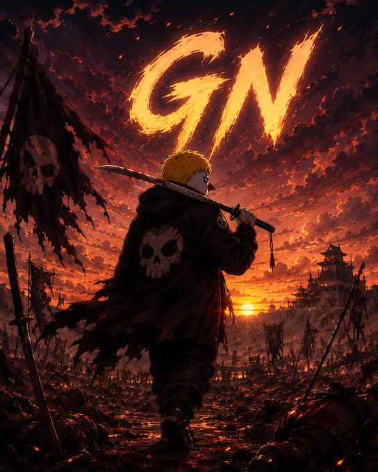 A stylized anime illustration of a blonde character in a dark cloak with a skull emblem, carrying a sword over his shoulder, walking through a battlefield toward a castle under a fiery red sky with the letters 'GN' floating above.