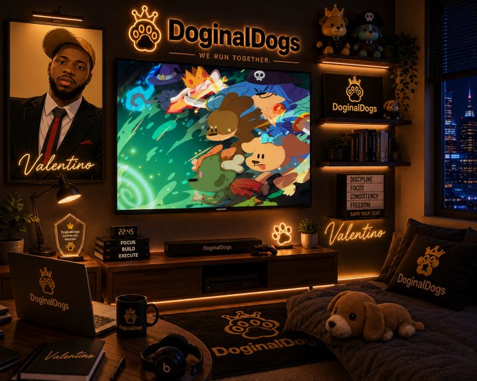 A dimly lit gaming/lounge room setup featuring 'DoginalDogs' branding with the tagline 'WE RUN TOGETHER' and 'Valentino' neon signs, a TV displaying cartoon characters, branded merchandise, and a city view through the window.