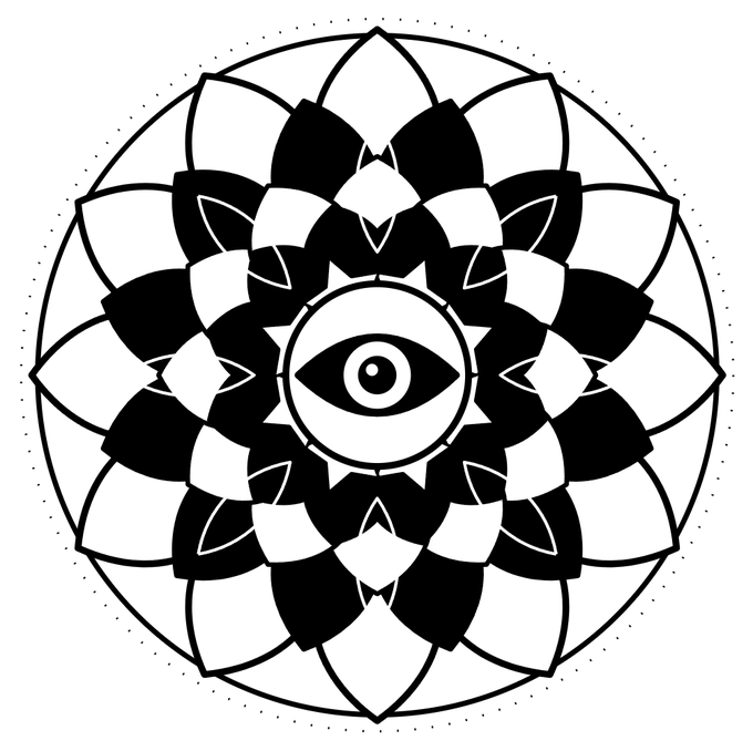 A black-and-white symmetrical mandala featuring a central eye surrounded by lotus-petal patterns enclosed in a dotted circle.