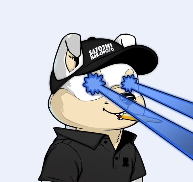 Cartoon dog wearing a black cap labeled "5470SHI N4KAMO7O" shooting blue laser beams from its eyes.