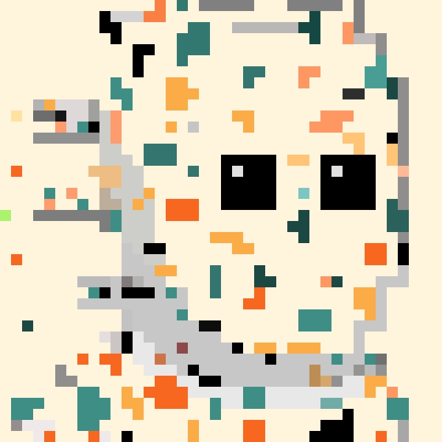Pixel art image showing a white ghost-like character with two large black square eyes among orange and teal blocks, resembling Pac-Man ghosts.