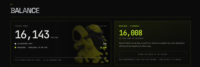 A dark-themed balance dashboard showing "TIPPING PHASE" with 16,143 MOTION and "RECEIVED - CLAIMABLE" with 16,008 BDX tips, featuring an illustration of a coin character.