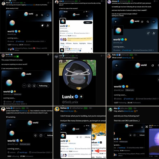 A collage of tweets shows various users questioning and expressing confusion about the @world_xyz account after it unexpectedly followed them, with its minimalist profile displaying only "coming soon..." and the Solana logo. The reactions range from humor ("This project followed me today... I see everywhere them in TL") to curiosity about what the mysterious project is building, capturing the viral speculation around its marketing approach.