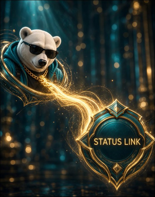 A stylized digital artwork showing a white bear wearing sunglasses and a blue jacket with a gold chain, alongside a glowing gold and blue emblem labeled 'STATUS LINK.'
