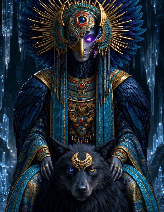 A highly detailed fantasy illustration depicts a regal, armored figure with a bird-like mask and a radiant golden and blue feathered headdress, standing behind a black wolf with striking heterochromatic eyes.