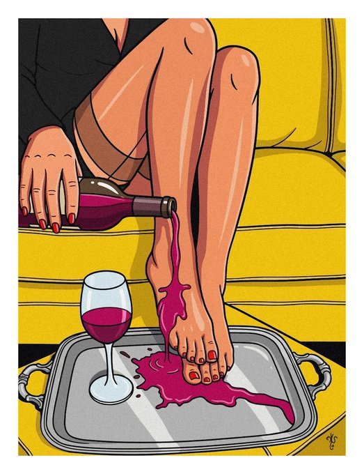 An illustration depicts a woman in lingerie pouring red wine from a bottle over her foot onto a silver tray, with a wine glass nearby on a yellow couch.