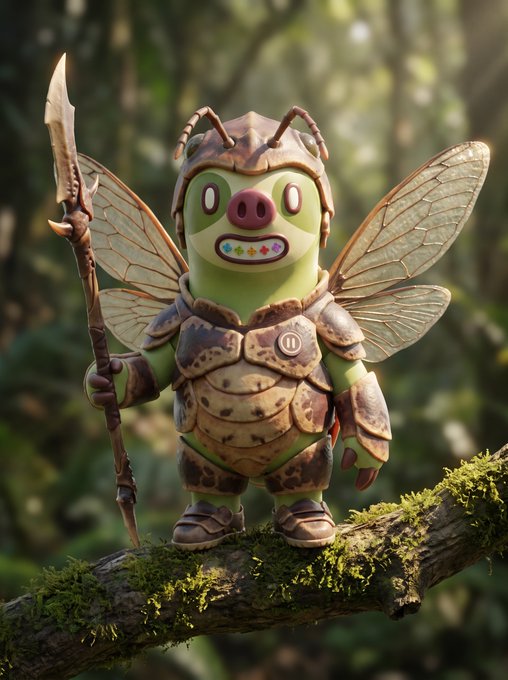 A 3D-rendered character resembling a TikTok-style pig mascot wears rusty knight armor and holds a spear while standing on a mossy tree branch in a forest.