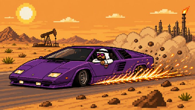 A pixel-art scene shows a purple Lamborghini Countach drifting through a desert landscape near an oil derrick and pump jack, with its rear wheels grinding against the ground and sending up a shower of sparks. The image directly mirrors the post's metaphor of a de-wheeled Lamborghini scraping through an oil-themed "lot" at maximum bid, tying the $OIL ticker to the fiery, high-speed energy of the artwork.