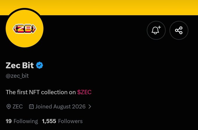 A social media profile screenshot for 'Zec Bit' (@zec.bit) describing itself as 'The first NFT collection on $ZEC', joined August 2026, with 19 following and 1,555 followers.