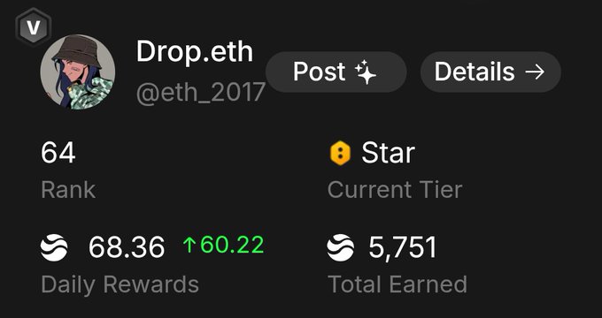 The image shows a screenshot or photo of someone's social media profile page for the blog @River4fun. It features several details about the person's day-to-day activities, including the number of points they've earned (68), the star rank they're at (64), and their current tier (5,751). There is also an update to their daily rewards (6,631), as well as details about the post they've earned. The person's name and profile picture are displayed on this page. Overall, it seems like a casual and personal space for the user of @River4fun to share their day-to-day activities or updates with others.