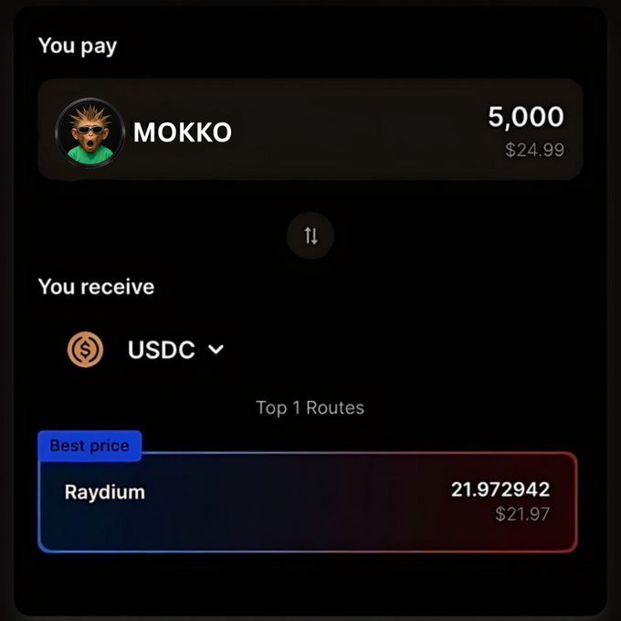 A cryptocurrency swap interface showing a user paying 5,000 MOKKO tokens ($24.99) and receiving 21.972942 USDC ($21.97) via Raydium, marked as the best price route.