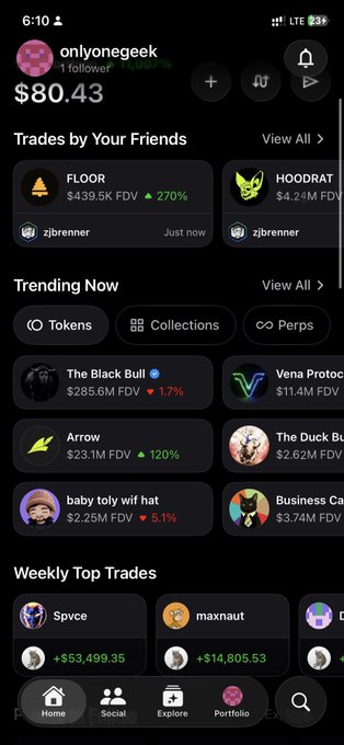 A crypto trading app for user 'onlyonegeek' shows an $80.43 balance, 'Trades by Your Friends' including FLOOR and HOODRAT, and a 'Trending Now' section featuring The Black Bull, Vena Protocol, and Arrow.
