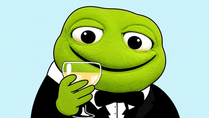 The image shows Pepe the Frog dressed in a tuxedo, holding up a glass of champagne in a celebratory toast against a light blue background. This perfectly complements the post's message "cheers to the ones who didn't sell the bottom $TOAD," with the elegant, toasting frog symbolizing victory and resilience for $TOAD holders who held through the dip.