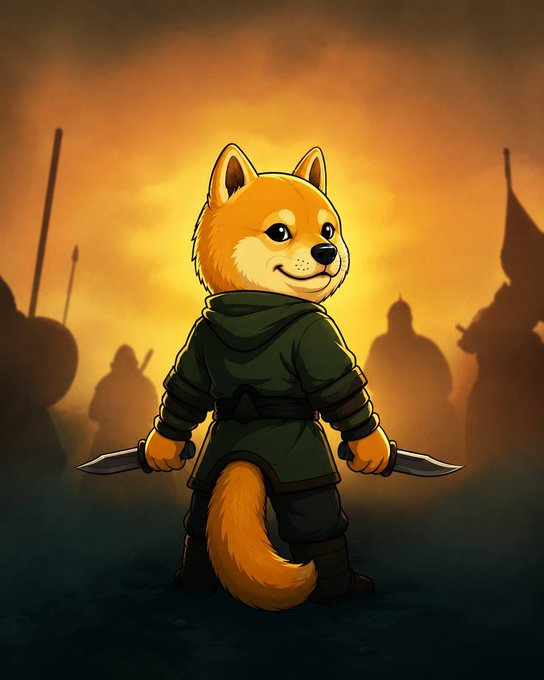 Illustrated cartoon Shiba Inu dog dressed in green armor/hoodie, holding two daggers, standing against an orange sunset backdrop with silhouetted warriors behind.