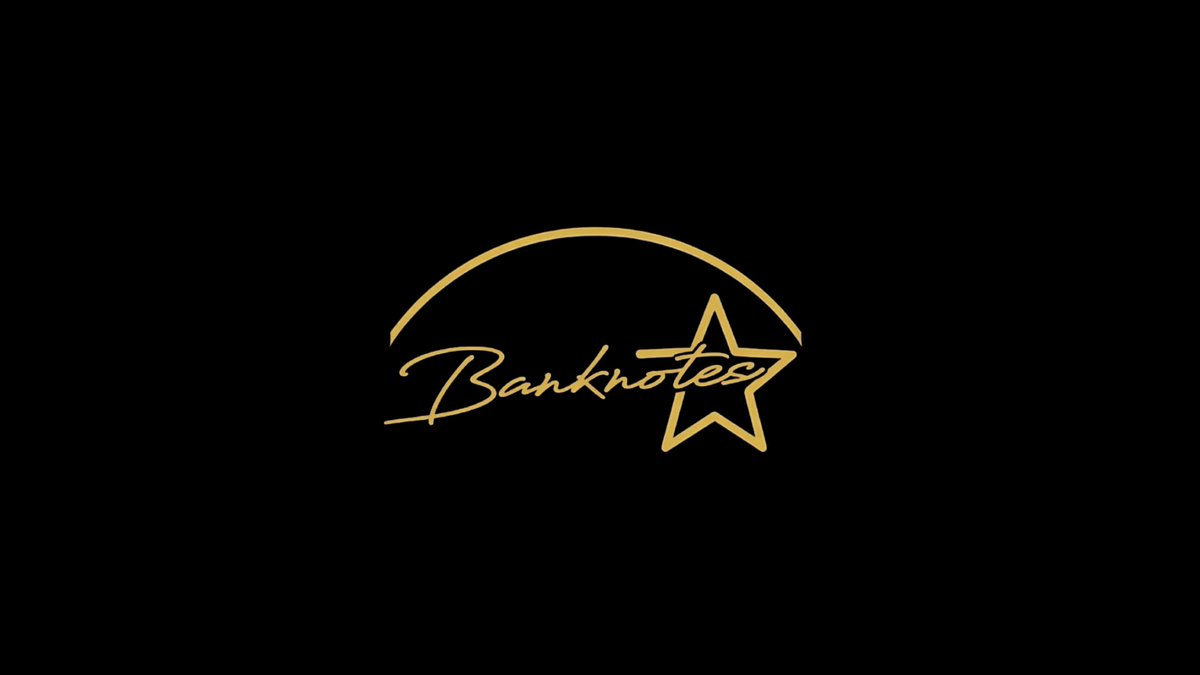 The image features an advertisement for a bank named "Banknotes". It displays a logo with a gold star, which represents the bank's name. The background of the image is black, providing contrast to the gold elements. The text on the image reads "Banknotes" and "The Collaborative Bathroom Wall", indicating that this is part of an advertisement for a shared digital canvas where users can create their own PFPs (Personal Finance Papers) using Banknotes as currency.