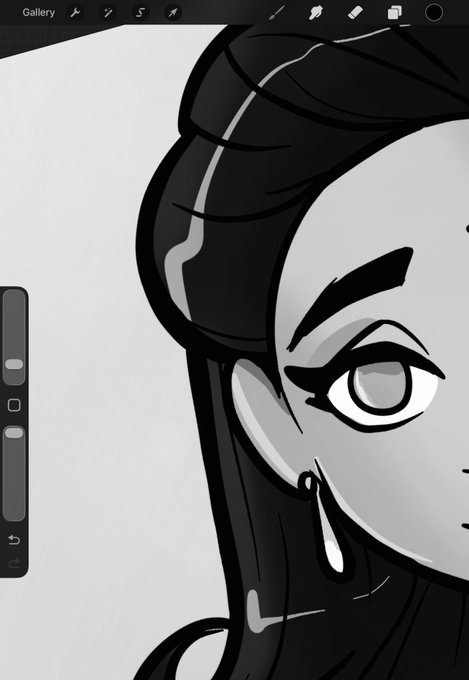 A digital drawing application interface showing a close-up grayscale portrait of a stylized female character with dark hair and a teardrop beneath her eye.