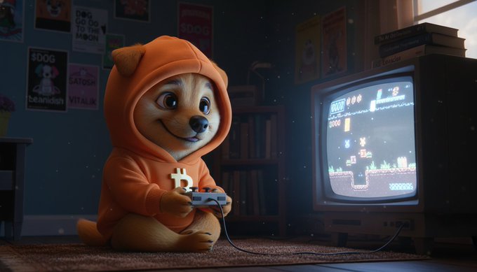 AI-generated image of a Shiba Inu dog wearing an orange Bitcoin hoodie, playing a retro video game (Doge Quest) on an old CRT television in a bedroom with crypto-themed posters.