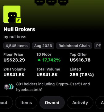 A digital trading interface shows a collection called "Null Brokers" by nullboss with 4,545 items, a Floor Price of US$23.29, a 24H Volume of US$41.5K, and 801 holders.