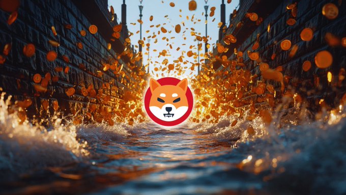A Shiba Inu coin logo centered over a dramatic scene of flowing water and falling gold coins in a narrow brick corridor.