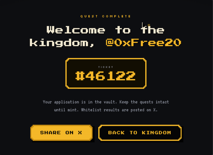 The image shows a pixel-art "Quest Complete" confirmation screen from a Zeckers NFT whitelist application, displaying the welcome message "Welcome to the kingdom, @OxFree20" with ticket number #46122 and options to share on X or return to kingdom. This confirms that user @OxFree20 successfully completed the whitelist registration for the upcoming Zeckers NFT mint on Zcash.