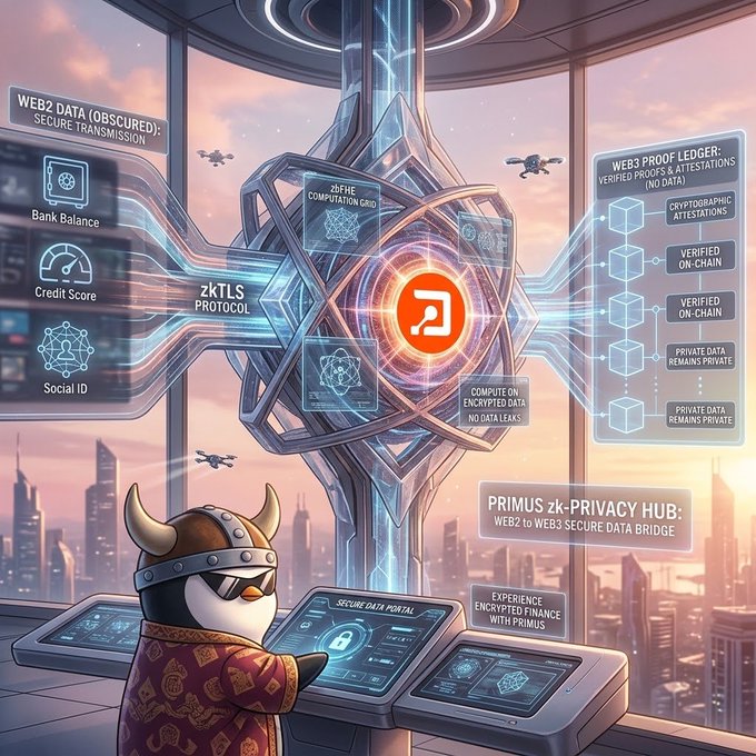 A futuristic sci-fi illustration of a Viking penguin character operating a 'PRIMUS zk-PRIVACY HUB' terminal, showcasing a 'WEB2 to WEB3 SECURE DATA BRIDGE' with features including zkTLS Protocol, encrypted zkFHE computation grid, verified proofs/attestations, and obscured web2 data for bank balances, credit scores, and social IDs.