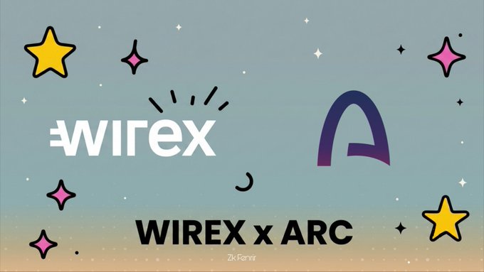 The image celebrates the partnership between Wirex and Arc, as indicated by the logos and the text "WIREX x ARC." This collaboration aims to enable everyday card payments using USDC and EURC for non-US customers.