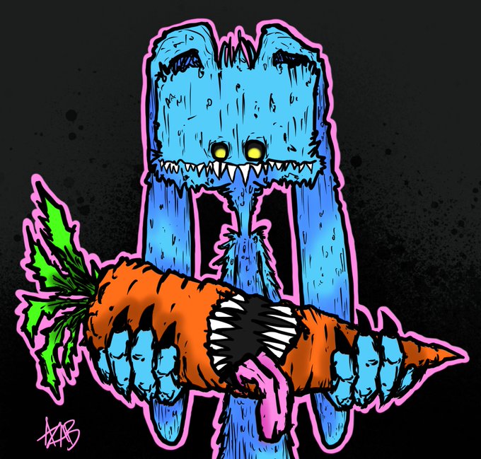 A stylized neon-colored illustration featuring a tall blue monster with sharp teeth and yellow eyes behind a large orange carrot-like creature with blue claws and teeth, set against a dark background with pink outlines.