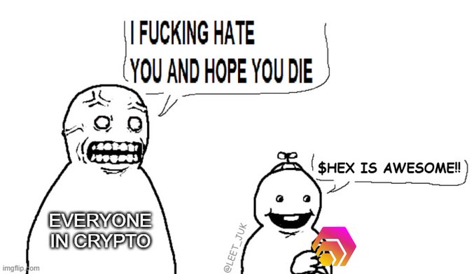 A rage comic meme features an angry character labeled "EVERYONE IN CRYPTO" screaming "I FUCKING HATE YOU AND HOPE YOU DIE" at a cheerful character holding a HEX coin, who responds with "$HEX IS AWESOME!!" The image humorously depicts HEX supporters being hostile toward critics of the cryptocurrency.