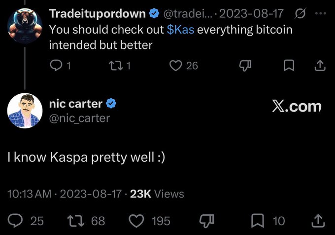 A Twitter/X screenshot featuring a post by Tradeitupordown recommending $Kas, and a reply from verified user @nic_carter stating 'I know Kaspa pretty well :)'.