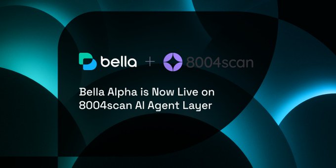 The image features a sleek dark promotional graphic with the text "Bella Alpha is Now Live on 8004scan AI Agent Layer," alongside the logos for "bella" and "8004scan." It visually announces Bella's integration as an ERC-8004 agent on the 8004scan platform, aligning with the post's emphasis on AI agents gaining on-chain identity, transparency, and verifiability.