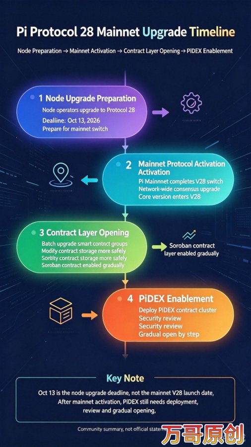 An infographic titled 'Pi Protocol 28 Mainnet Upgrade Timeline' outlining four phases: Node Upgrade Preparation, Mainnet Protocol Activation, Contract Layer Opening, and PIDEX Enablement, with a watermark reading '万哥原创' (Brother Wan's original).