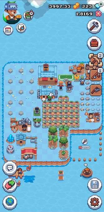 A screenshot of a mobile farming game showing crops, buildings, a miner character, and resources including 3997.33 coins and 223 gems.